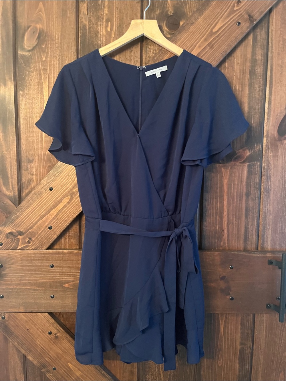 Naked Zebra Navy Wrap Mini Dress with Ruffle Details- large
